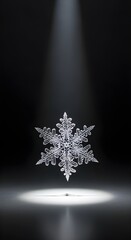Single snowflake floating in dark room, spotlight style.
