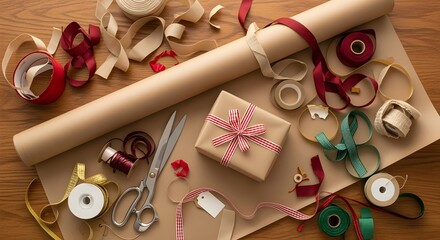 Overhead shot of messy wrapping station with ribbons everywhere.