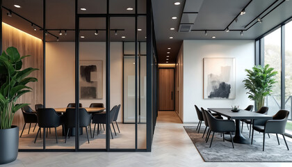 Modern office with glass partitions and minimalist decor. Conference rooms feature sleek tables and chairs. Natural light fills the bright, pro workspace, accented by green plants.