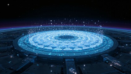 Glowing holographic concentric circuitry rings occupying space hub deck, emitting floating sparks