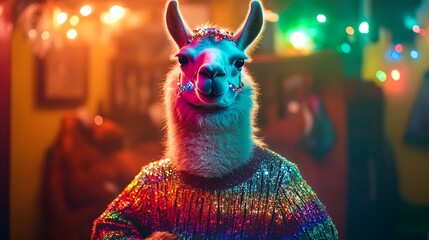 Obraz premium Llama in a sequined sweater with blinking lights, posing proudly .