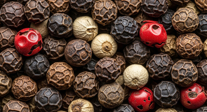 closeup of a colorful mix black white and red peppercorns, highlighting their unique textures and spicy aroma