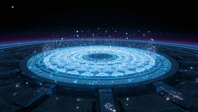Glowing holographic concentric circuitry rings occupying space hub deck, emitting floating sparks