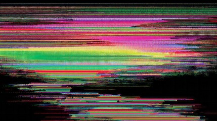 Vibrant horizontal lines form an abstract digital distortion pattern against a dark background