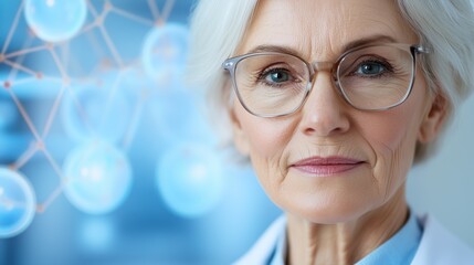 Senior female doctor scientist with confident expression on a blue molecular background, perfect for medical research banners, healthcare innovation concepts and scientific advertising. Copy space