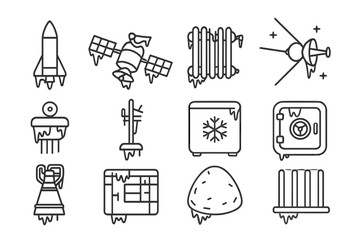 Obraz premium Extreme Cold Technology Icons. Line style icons of extreme cold technology: cryo rocket, frozen satellite, cooling radiator, deep