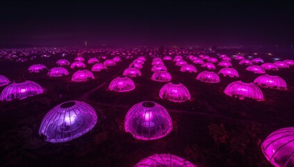 Glowing transparent dome array casting magenta light across plain at night, showing beds and paths
