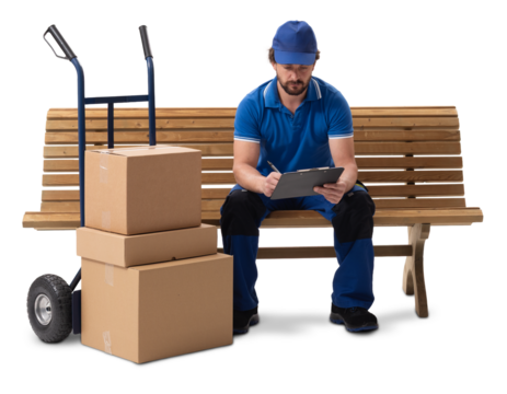 A delivery courier sitting on a bench with a hand cart of parcels, checking deliveries on a clipboard, isolated on a white background. - Powered by Adobe