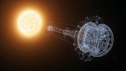 Orbiting wireframe station glowing near bright star in space, showing spherical module and truss