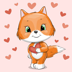 Cute cartoon Fox with red hearts. Vector illustration of animal on pink background.