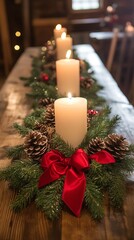 rustic barn table with candles, pinecones, and holiday ribbons .