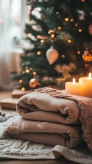Soft, cozy blankets folded by a Christmas tree, candles glowing nearby .