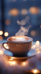 Steaming cappuccino with foam art, Christmas lights glowing behind .