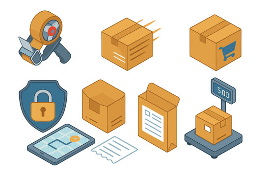 Logistics and Delivery Icons. Isometric vector illustration set of Logistics and Delivery: packaging tape gun, express badge,