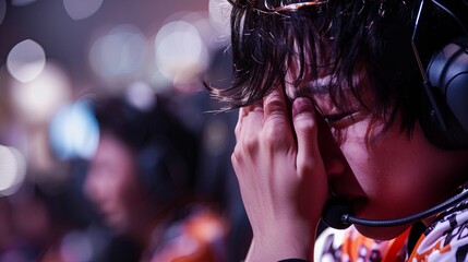 Emotional close-up of an Asian esportsman covering his face with his hand during a competitive gaming moment, wearing a headset and illuminated by dramatic arena lighting.