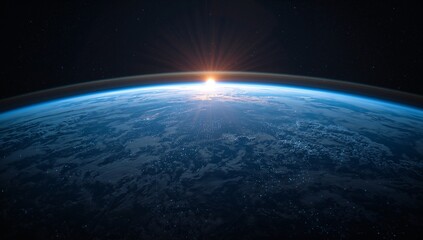 Revealing planet Earth centered in low Earth orbit, orange sunrise glow blue halo and city lights