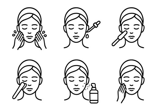 Cryo Facial Steps Icons. Line style icons of cryo facial treatment steps: cleansing the face, applying cryo serum, passing cold