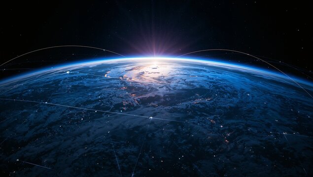 Showing planet's curved horizon glowing at sunrise from orbit, with network arcs and cities