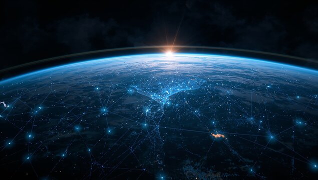 Orbiting planet revealing atmospheric rim, sun rising at horizon, blue network and orange cluster