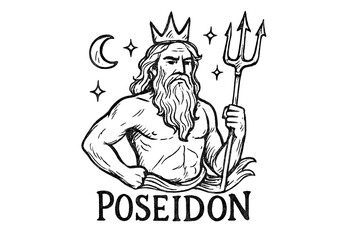 Fototapeta premium Poseidon Illustration. Hand-drawn Poseidon with moons, crown, and sparkles, center word “Poseidon” in black and white isolated