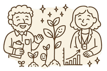 Obraz premium Therapy Doodles. Playful doodle long-term recovery therapy with smiling counselors, cartoon plants growing with faces, cheerful