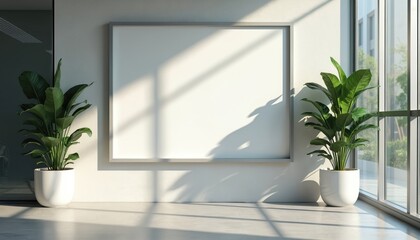Modern office interior features empty white canvas with framed border, flanked by green potted plants. Large window lets in natural light casting striped shadows on the wall and floor.