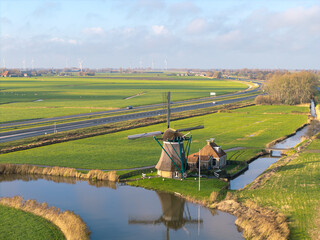 Aerial view of Dutch windmill and farmland near Bolsward