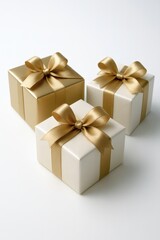 Elegant trio of premium white and gold gift boxes tied with shiny satin ribbons, perfect for Christmas, holidays, birthdays, weddings, parties, celebrations, and festive events.