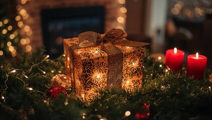 Glowing ornate gift box sitting on mantel, surrounded by green garland, fairy lights, red candles