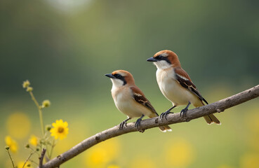 Two brown shrikes perch on a thin branch with yellow wildflowers in foreground. Soft green bokeh background highlights birds resting in natural habitat during daytime.
