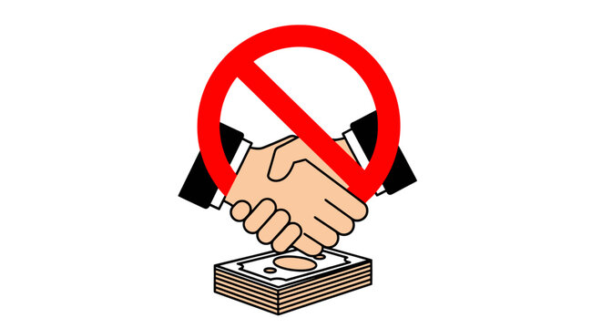 Prohibition of corruption with crossed out handshake illustration and money stack underneath it a