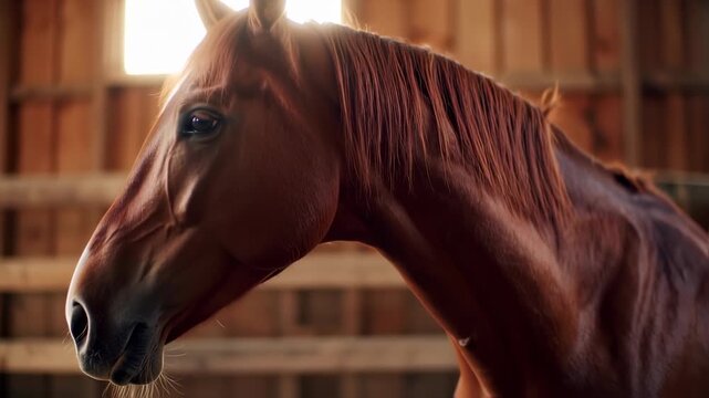 A chestnut horse's head and neck are lit by sunlight in a rustic barn interior