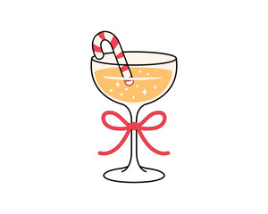 Festive cocktail glass with candy cane and red ribbon bow, sparkling holiday drink in elegant outline style, cheerful Christmas celebration element for seasonal designs. Vector illustration.