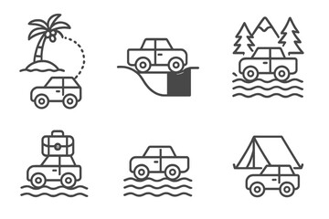 Fototapeta premium Amphibious Car Journey. Line style icons of amphibious car adventure travel: island-hopping route, road and water combined path,