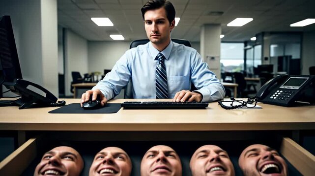 Diligent business man in a corporate office carefully considers which emotional mask to wear from faces in his desk drawer, managing his true self and social pretense.