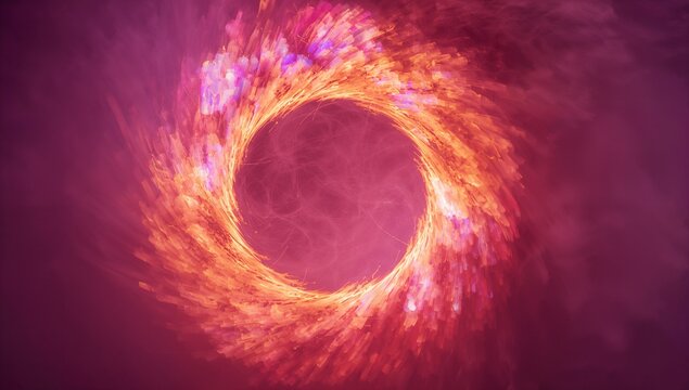 Glowing circular vortex rotating and radiating in magenta space, with fiery streaks and sparks