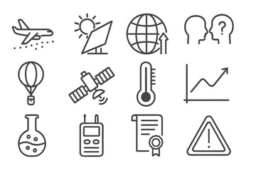 Obraz premium Climate Tech Icons. Line style icons of Climate Technology: Aerosol Injection, Solar Reflector, Global Temperature, Ethical Debate