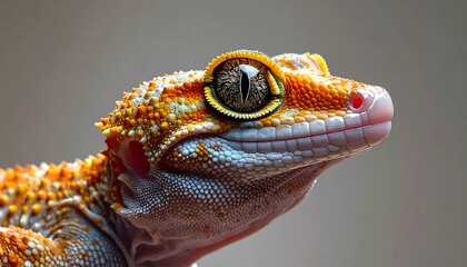 A close-up of a gecko showing detailed scales, beautiful orange, white and blue markings and fascinating eye