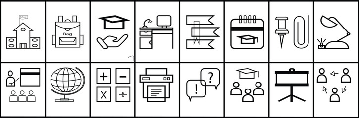 A comprehensive collection of minimalist line art icons themed around education and schooling. This vector-style set features 16 distinct symbols including a school building, backpack, graduation cap.