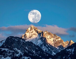 A full moon rises behind a snow-capped mountain peak at dawn with a pale blue sky and subtle pink clouds