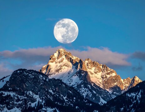 A full moon rises behind a snow-capped mountain peak at dawn with a pale blue sky and subtle pink clouds - Powered by Adobe