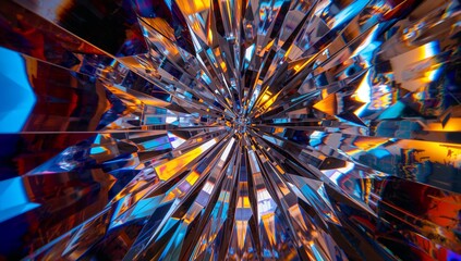 Radiating faceted crystalline shards converging in close-up, reflecting cool-blue and warm-amber
