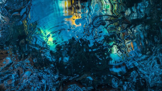 Rippling water surface showing circular ripples, droplets and bubbles in puddle with colored glow