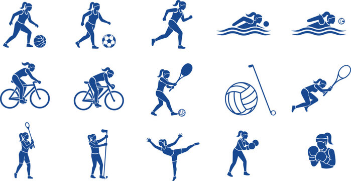 Blue silhouette icons of women engaged in various sports activities woman athlete