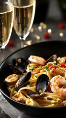 Italian seafood pasta served with champagne and delicate garnishes, in an upscale setting .