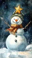Watercolor snowman with a Christmas star, snowy winter night .