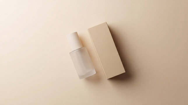 Minimal cosmetic serum bottle with box on beige background, beauty product mockup for branding