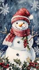 Snowman with holly leaves and berries, snowflakes in watercolor .
