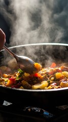 spooning Moroccan tagine with vegetables .
