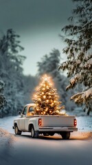 Vintage white truck with Christmas tree in bed, soft-focus glowing lights, snowy landscape .